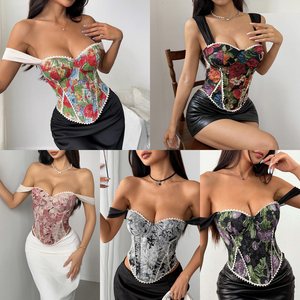 Top Corsé Ajustado Retro a Cuadros con Estampado Floral en la Parte Superior, Copa Acolchada, Corte Entallado, Novedad 2026 - Product Image 3