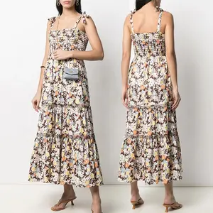 2022 Summer leisure gallus Ruffled print long dress Bohemian holiday women beach dress