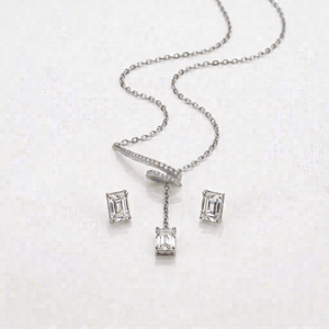 Emerald Cut Zircon Jewelry <b>Set</b> Pendant <b>Necklace</b> <b>and</b> Stud <b>Earrings</b> 925 <b>Silver</b> Minimalist Women's Wedding Engagement Party Gift - Product Image 1