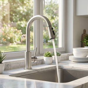 Modern Single Handle Kitchen Faucet Brushed Stainless Steel Deck <b>Mounted</b> Ceramic Valve 6-7.9in Height - Product Image 2