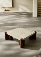 Table basse moderne en travertin blanc personnalisable avec pieds en bois massif, meubles de luxe en pierre naturelle pour salon, villa, hôtel, maison
