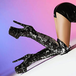 Stivali sopra al ginocchio neri da danza aerea con tacco Ultra alto di 20cm con suola antiscivolo TPR foderata in pile per la Pole Dance da passerella - Product Image 1