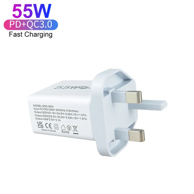 UK EU US AU Plug 2 USB-QC 3.0 2 Type-C Fast GAN Pd 55W Fast Charging 4 Ports Phone Chargers for Mobile Phones