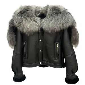 Luxury Super Big Red Fox Fur Collar Shearling Leather Jacket Women Stylish Shearling Coat with Fur