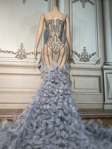 Diamonds Evening Party Dress Sleeveless Gray Feather Tail Long Dresses Women Feather <strong>Robe</strong>