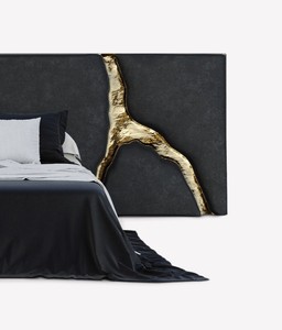 Cabecera de Cama Tapizada en Terciopelo Negro de Lujo Personalizada, Cama Plataforma Ancha con Detalle de Hoja de Oro Agrietada para Recámara Principal - Product Image 5