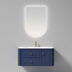 Mueble de Baño Moderno de Alta Calidad con Espejo y Lavabo Montado en la Pared, Madera Maciza Impermeable, Espejo LED para Hotel, Villa, Baño - Product Image 4