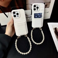 Étui de téléphone portable pour iPhone avec support, porte-cartes, en cuir PU de luxe pleine fleur effet crocodile, avec cordon