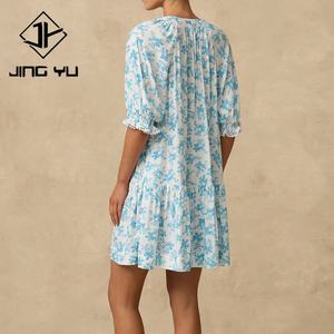 Vestido Elegante de Alta Calidad para Mujer, Estampado Playero, Cuello en V, Mangas Abullonadas Holgadas, Cintura Ajustada, 100% Rayón Voile, Mini Vestido - Product Image 3