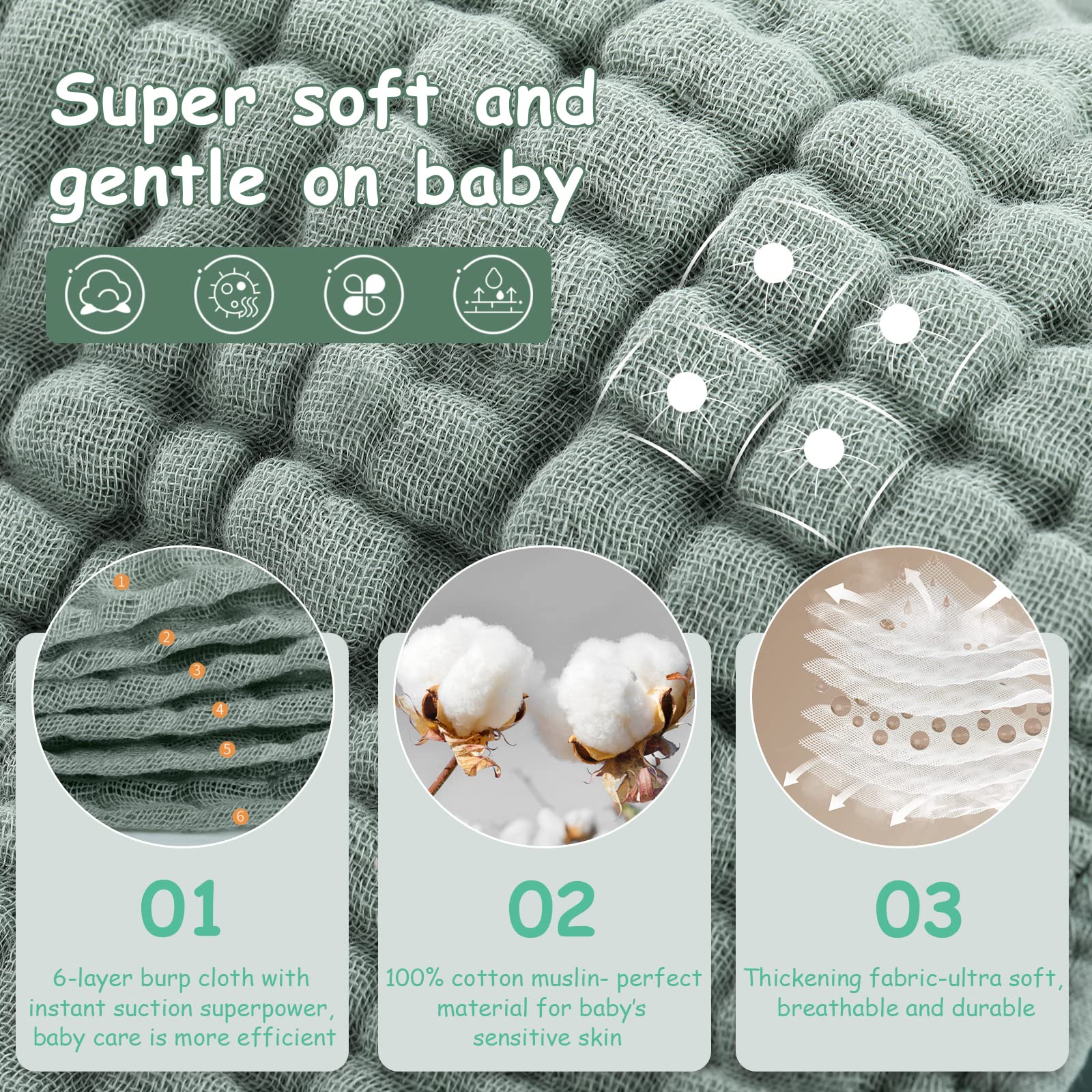 ORANGLES 6-Layer Natural Muslin Baby Wash Cloth Set – Soft Cotton Quick-Dry Baby Towels 35x75cm (Pack of 6) - detailed closeup view - Image 3 of 4 | great for travel | Texas | Free Shipping ORANGLES