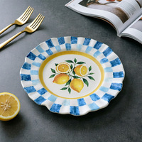 Assiette plate en céramique style peinture à l'huile, couleur sous-glaçure, motif citron givré, style rétro américain à grille, pour fruits, steak et salade, pour la maison