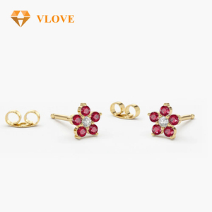 VLOVE Bijoux de luxe pour femmes Boucles d'oreilles en forme de rubis et de fleur en diamant avec saphir émeraude 14K - Product Image 1