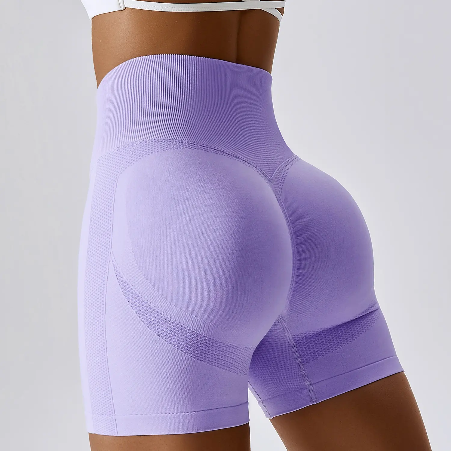 Vente en gros Short de motard sans couture en forme de V à séchage rapide pour entraînement, yoga, course à pied, taille haute, scrunch, fesses