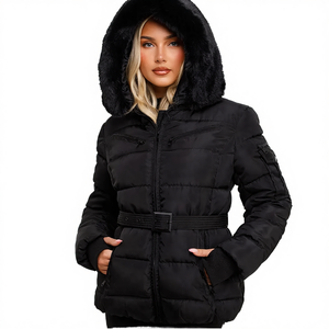 Winter Women's Coated Waterproof Animal Print Shearling PU Leather Stand Collar Full <b>Sleeved</b> Zipper Hooded Bomber <b>Jacket</b> - Product Image 3