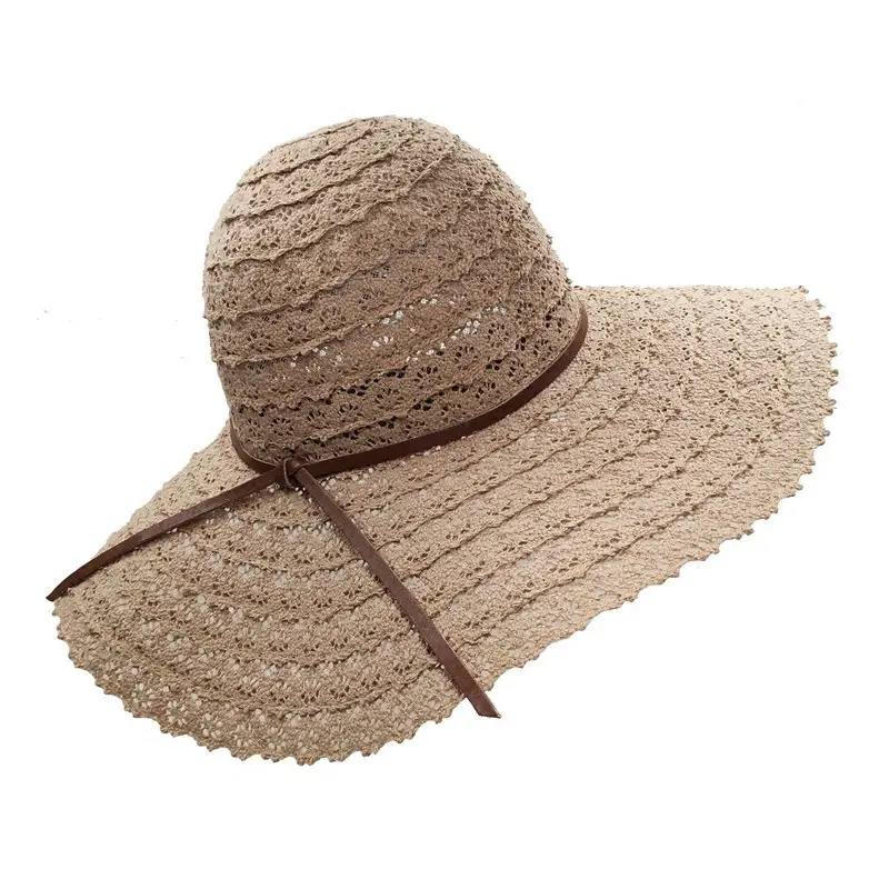 HH186 Topi Pantai Lipat Wanita, Topi Pantai Pinggiran Besar Penghalang Matahari, Topi Renda Berongga, Topi Jerami Pita Lipat