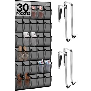 Organizador de zapatos para colgar sobre la puerta, 30 bolsillos, almacenamiento colgante de malla para zapatos detrás de la puerta, montaje en pared, gris - Product Image 1
