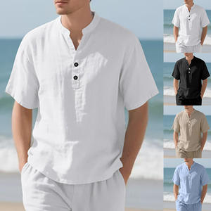 Chemise d'été pour homme en lin à manches courtes, col montant, boutonnée, coupe ample, décontractée, respirante, couleur unie, grande taille - Product Image 2