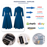 Robe d'automne tendance D3290 pour femme, décontractée et élégante, col à revers en V, manches 3/4, robe de bureau pour femme, robe d'église avec ceinture