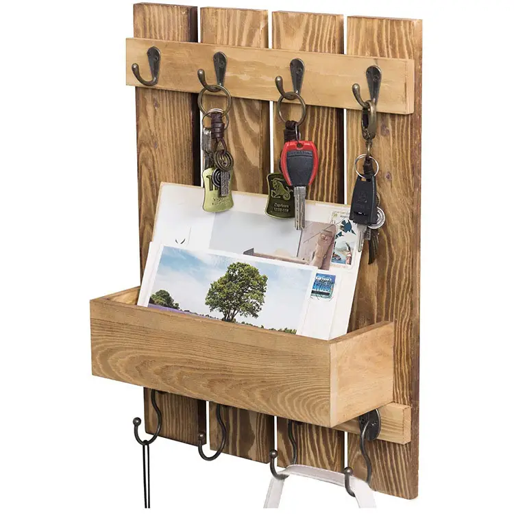 Wooden Mail and Key Holder for Wall Decorative / Rustic Wall Mounted Mail Organizer with 4 Double Key Hooks and 1 Mail Sorter