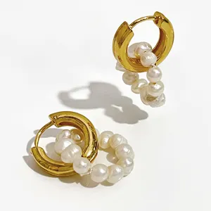 Double Circle Genuine Freshwater Pearl Hoop Earrings Layering Small Pearl Earring Hoops Dainty Boho Earrings for Women