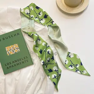 春の新鮮な緑のプリント花有料スカーフヘアバンドリボンヘアネクタイ女性ポニーテールシルクスカーフ