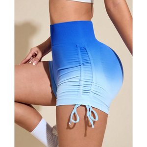 กางเกงขาสั้นเล่นกีฬาแบบเชือกรูดไล่ระดับสีสำหรับผู้หญิงกางเกงออกกำลังกายเอวสูงกางเกงรัดรูปเอวสูงผ้าพีชสะโพกยืดหยุ่น - Product Image 3
