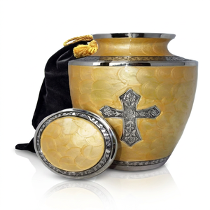 Brass Cremation Urn <b>Keepsake</b> Casket Round Memorial <b>Ashes</b> Container with Silver Cross Decorative Funeral Use - Indian Home Crafts - Product Image 1