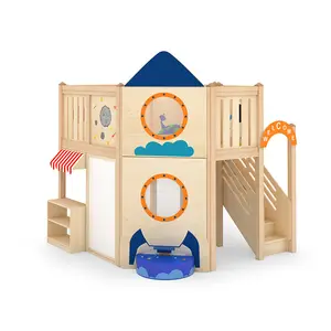 Moetry Indoor Playground Wooden Indoor Playhouse Blue Rocket Kids Play House Loft with Slide for Kindergarten
