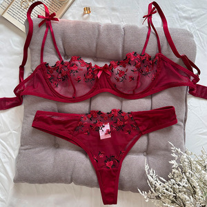 Wholesale Floral Rose Embroidery Lingerie <b>Set</b> <b>Sexy</b> Sheer Mesh Underwire <b>Bra</b> and Thong Panties <b>Set</b> 2 Piece Bow Lace <b>Bra</b> <b>Set</b> - Product Image 4