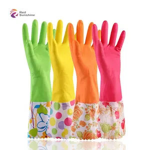 Fancy Long Cuff Flower Printed Rubber Household Gloves Ladies Kitchen Cleaning Nitrile Gloves Guantes De Caucho Pet Car Clothing