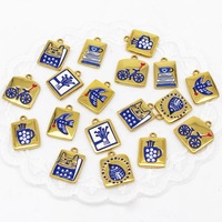 Breloque de tasse en forme de chat, oiseau et vélo de dessin animé FMSCM-2, pendentifs carrés en émail bleu de haute qualité, accessoires mignons en acier inoxydable pour bijoux DIY