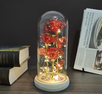 Transfrontalier naturel Real Touch 3 feuilles d'or Roses couvercle en verre fleur éternelle veilleuse fête des mères saint valentin noël