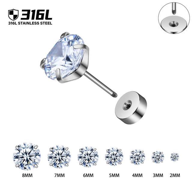 Kaishee 316L Stainless Steel 20G White Glass Stone Flat Back Ear Studs Body Piercing External Thread Earrings Jewelry