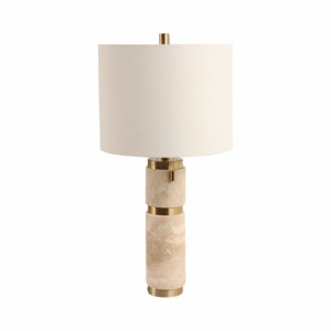 Lampada da tavolo moderna con base in travertino e paralume in tessuto a tamburo per camera da letto e soggiorno, elemento decorativo. - Product Image 4