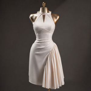 Vestido al por mayor de fabricación vietnamita, elegante vestido midi asimétrico de satén con cuello de agujero, ajustado y plisado, para fiesta de verano. - Product Image 1