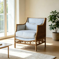 Fauteuil lounge d'intérieur en rotin naturel fait main, rayures bleues, ergonomique, en cannage tressé, pour hôtel, maison ou appartement