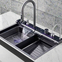 Évier de cuisine moderne en acier inoxydable noir nano, simple bac, avec robinet, fait à la main, à poser sur le comptoir