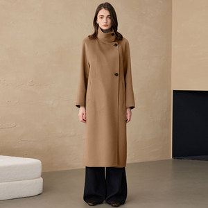 Manteau long d'hiver 2026 style britannique perlé, doublure polaire, 100 % cachemire, laine double face, col montant, pour femme - Product Image 1
