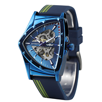 Montre Automatique Winner Brand Homme Triangle à Bracelet en Gel de Silice Bleu Squelette Mécanique