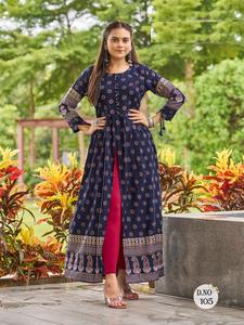 Vestido Kurtis largo con estampado de rayón pesado con mangas elegantes y botones redondos disponibles a precio mayorista - Product Image 3
