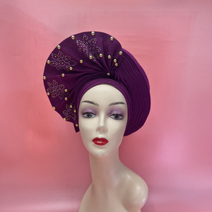 Cravate Aso Oko entièrement brodée à la main pour mariage traditionnel Sinya Beautiful Ladies Auto Gele Headtie With Pearl - Product Image 2