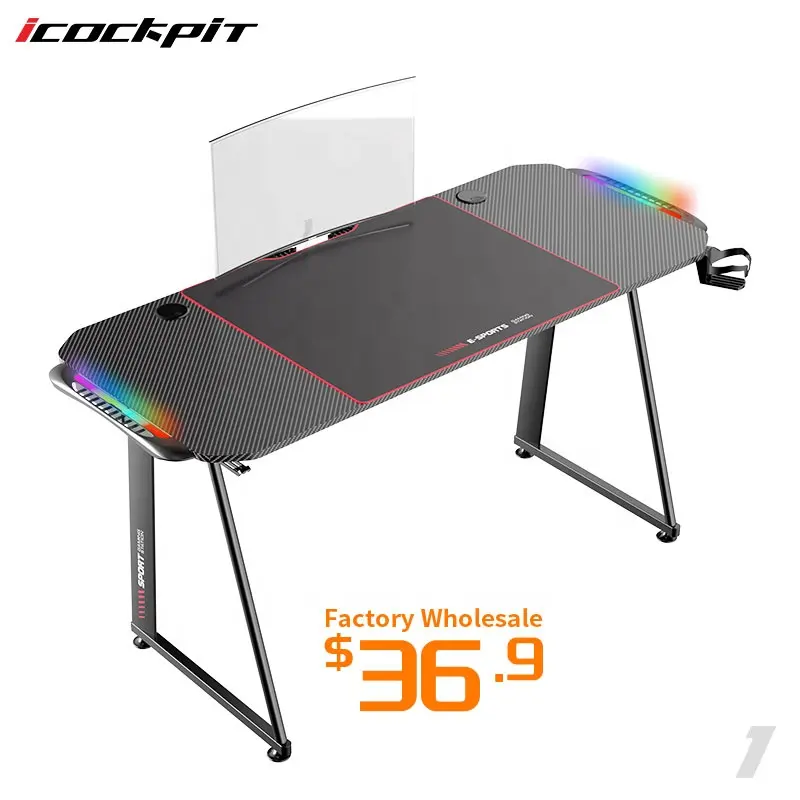 Internet Cafe Black Steel Frame RGB Gaming Desk PC Office Computer Table