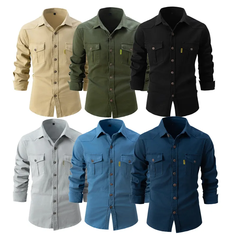 Wholesale factory European size 100%Cotton Multi-pocket and Loose Oversize Long-sleeved Button shirts