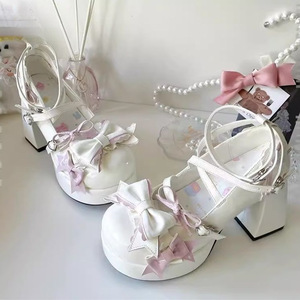 White Lolita <b>Platform</b> <b>Heels</b> With Bowknots And Lace-Up Closure Thick <b>Block</b> <b>Heel</b> Women Shoes Spring Style - Product Image 3