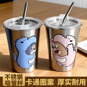 แก้วหลอดดูดสแตนเลสทอมแอนด์เจอร์รี่พร้อมฝาปิด ทนทานต่อการตกกระแทก สำหรับเด็ก ใช้ในบ้าน - Product Image 5