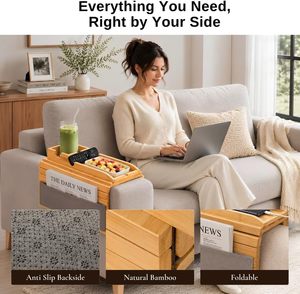 Couch Armrest Table Armrest Tray 2-in-1 Foldable Sofa <strong>Arm</strong> Tray with Cup Holder Clip-On Couch <strong>Caddy</strong> for Remotes Phone Drink Snack - Product Image 3