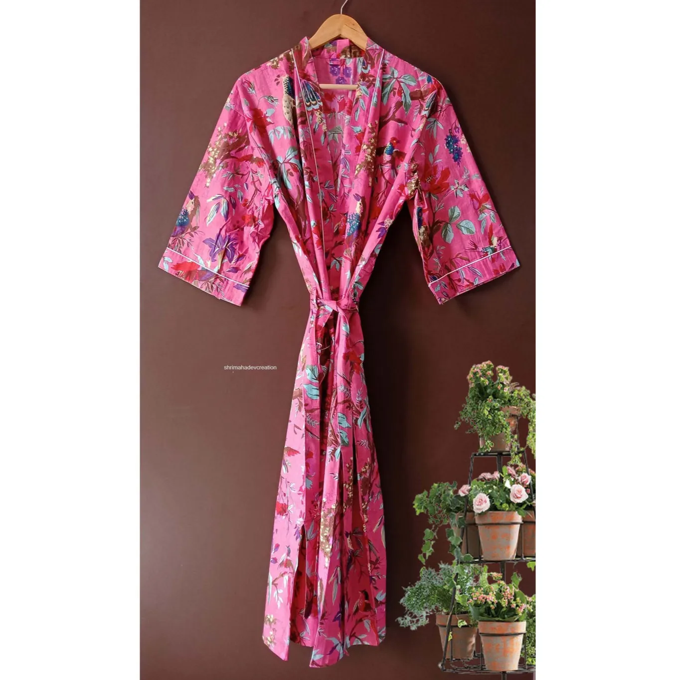 Bird Design Cotton Robe Cotton Kimono, Bath Robe, Swim Wear, Night Wear Dressing Gown Free Size