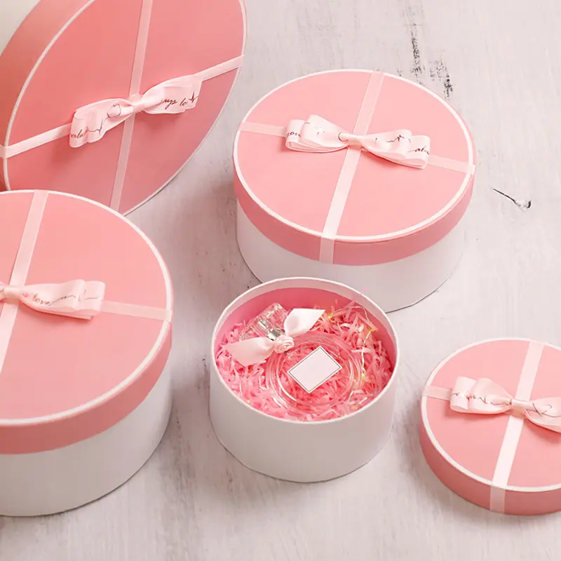 Boîtes à cadeaux rondes en carton rose, boîtes d'emballage pour Bouquet de fleurs avec couvercle, boîtes d'emballage pour cadeaux de fête de mariage, fournitures