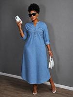 Gaun Kemeja Wanita Elegan Vintage Kasual Denim Polos Panjang Lantai Kancing Tunggal Ramah Lingkungan Ukuran XL Grosir Wanita