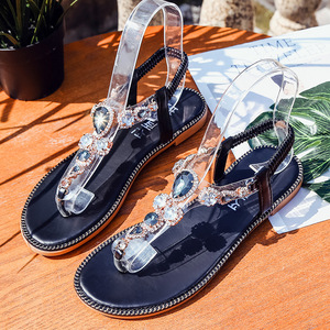 Sandales de plage confortables pour femmes, à talon plat en PU, avec strass et lanières à la cheville, à enfiler, bout ouvert, collection printemps-été - Product Image 2